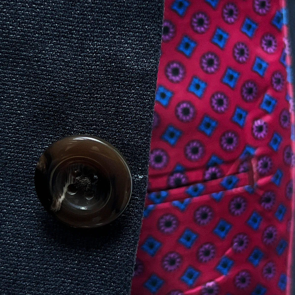 Horn marble buttons on a charcoal grey suit