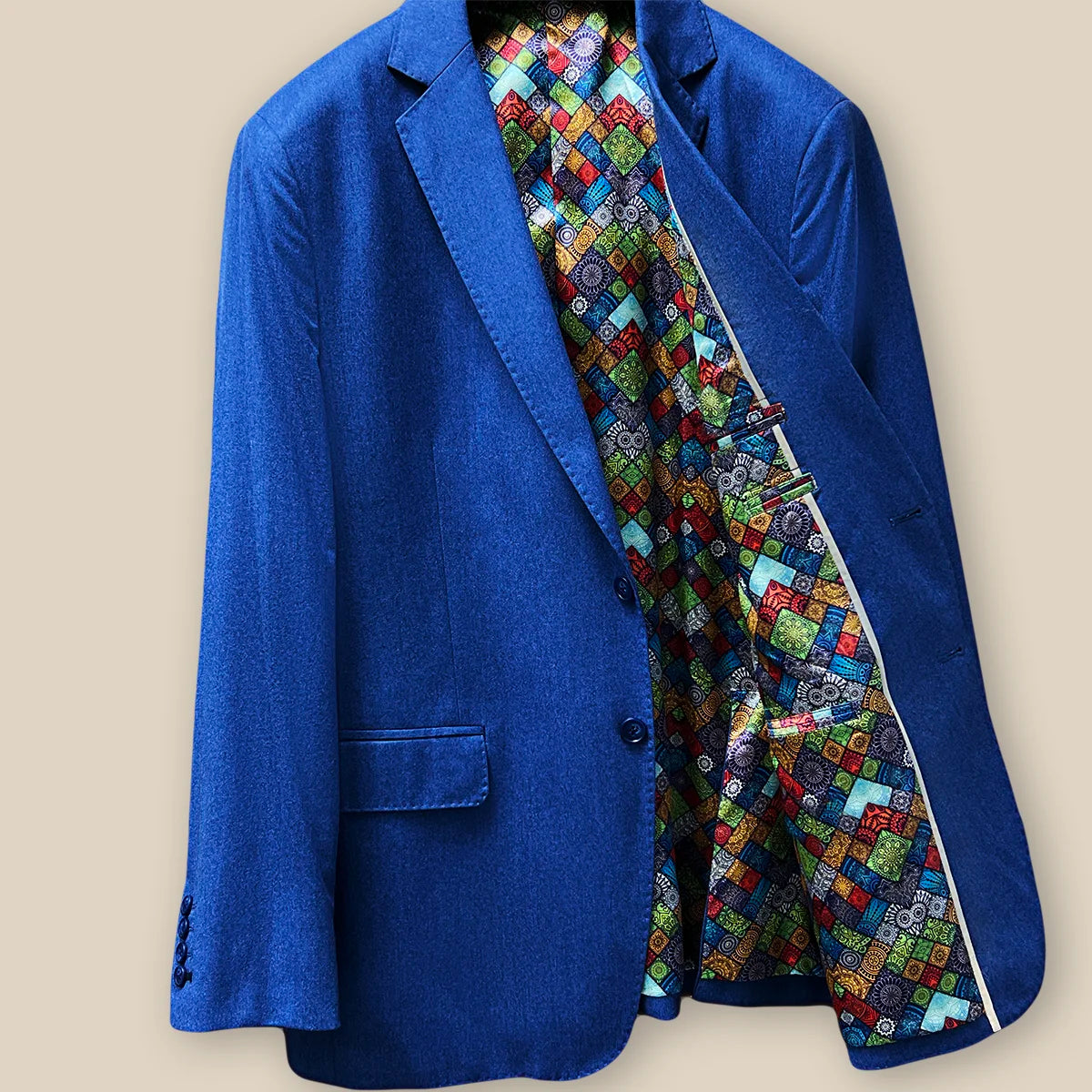 Left inside view of a light blue Vitale Barberis Canonico flannel suit.