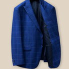 Left view of the inside of a navy blue windowpane jacket
