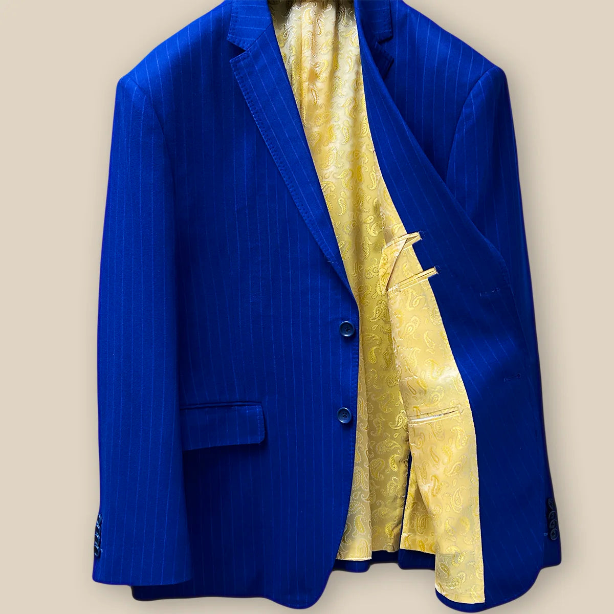 Inside left view of the royal blue pinstripe jacket.