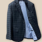 Inside jacket left view feature on Westwood Hart Grey Plaid Windowpane Men's 3pc Suit, Silk Bemberg Sky Blue Lining