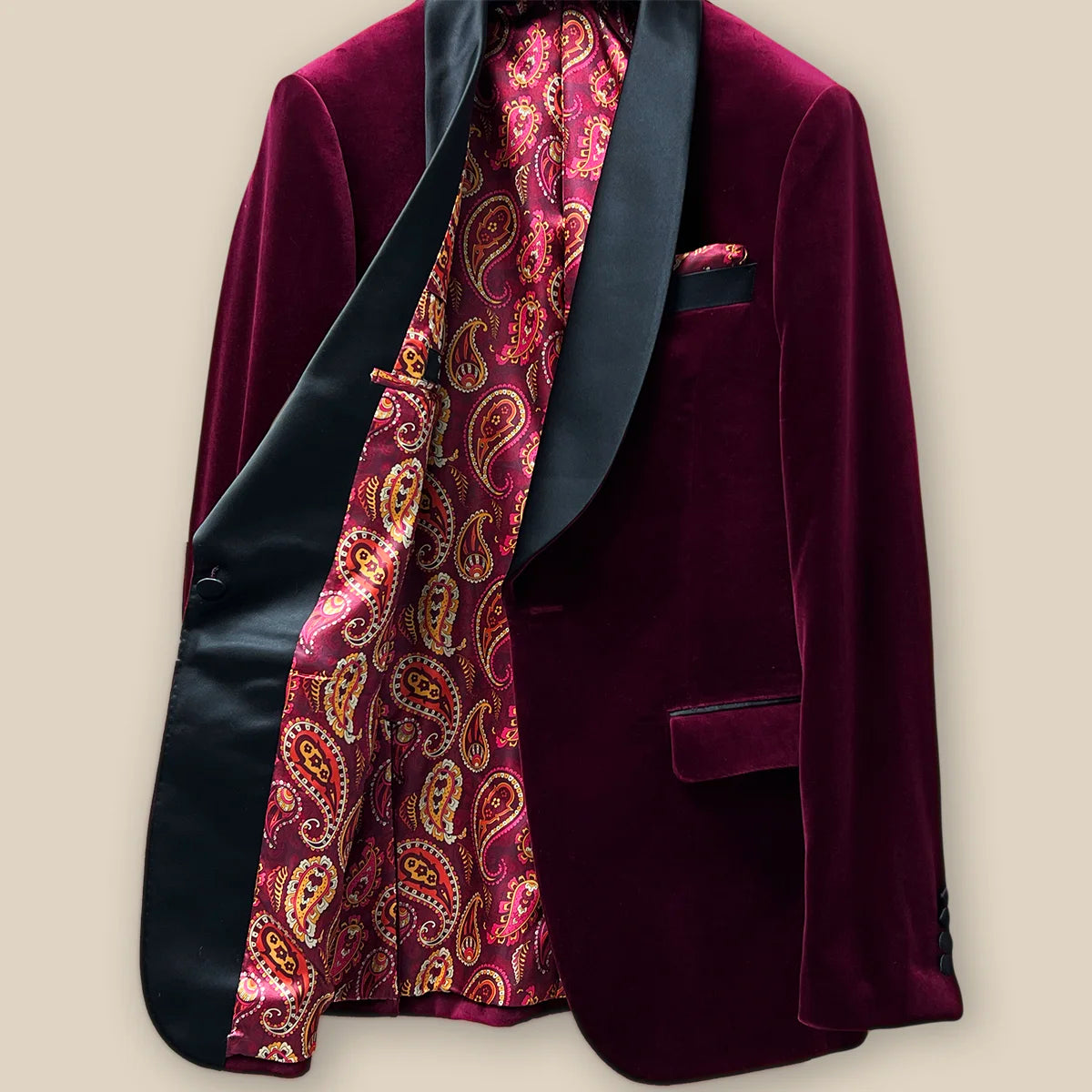 Right interior view of a burgundy velvet formal dinner jacket.