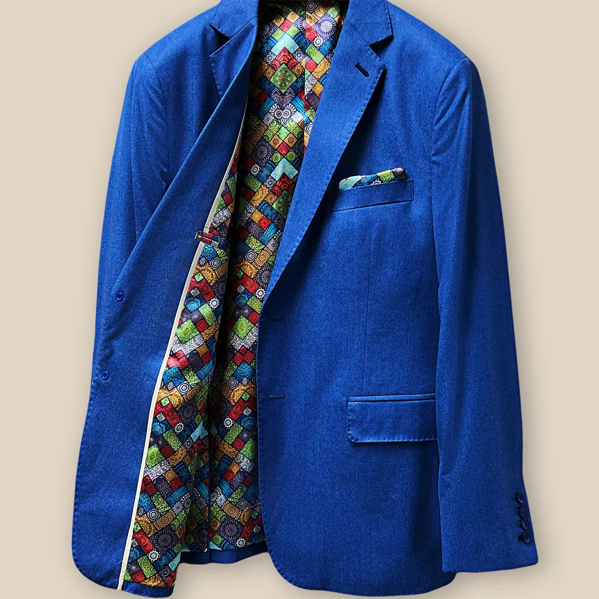 Right inside view of a light blue flannel men's sportcoat.