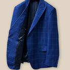 Right view of the inside of a navy blue windowpane jacket