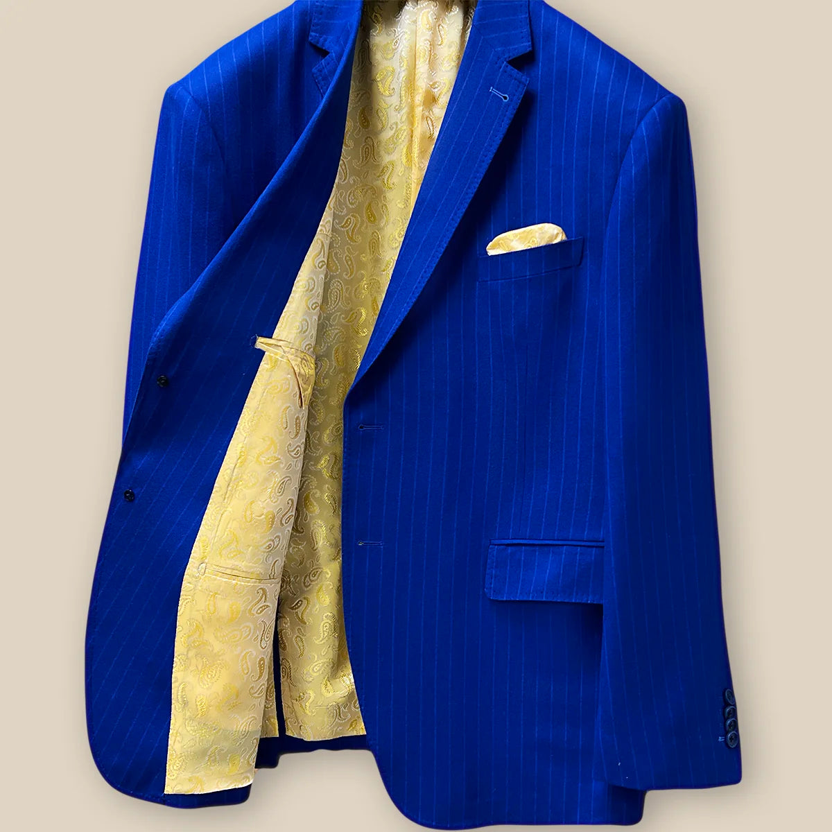 Inside right view of the royal blue pinstripe jacket.