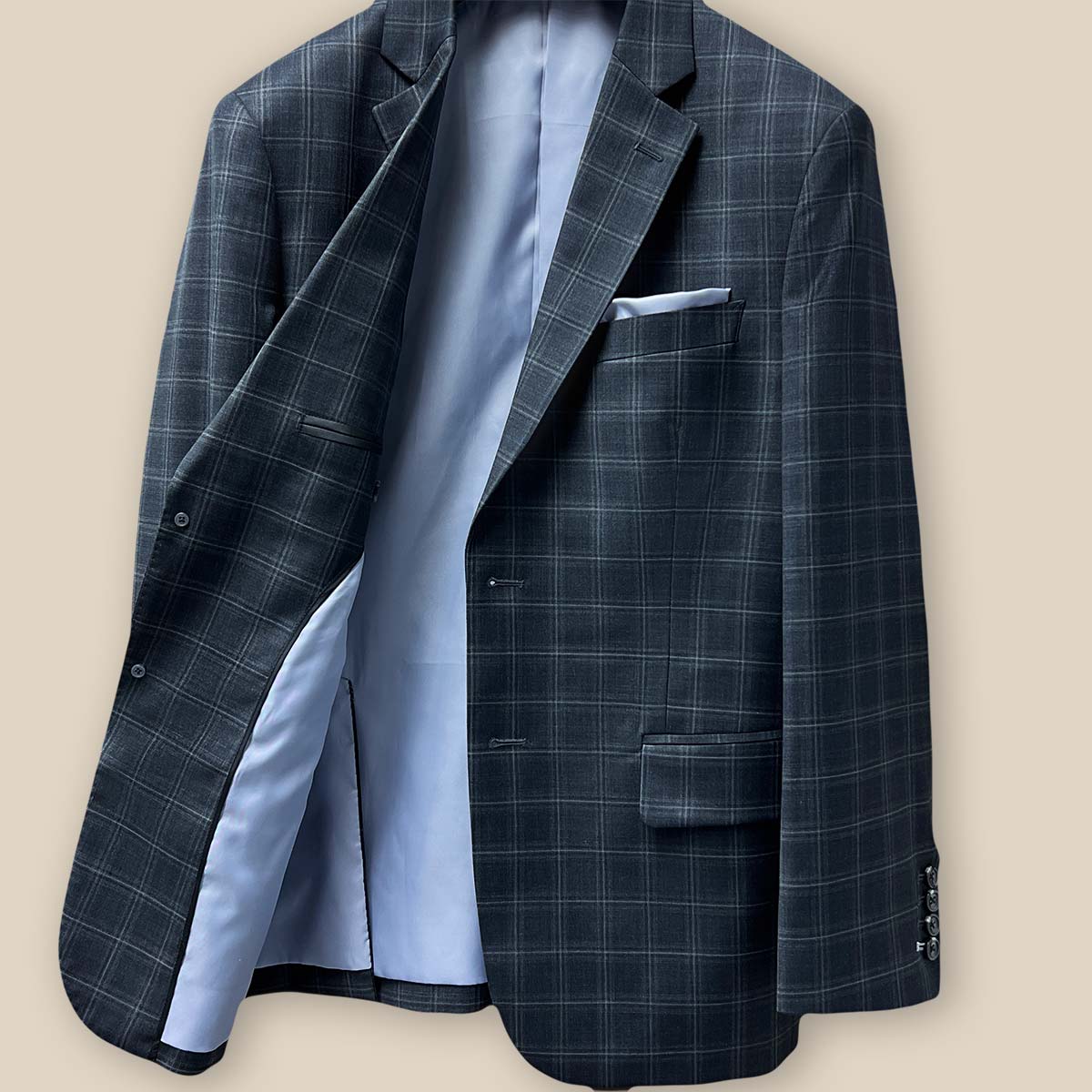 Inside jacket right view feature on Westwood Hart Grey Plaid Windowpane Men's 3pc Suit, Silk Bemberg Sky Blue Lining