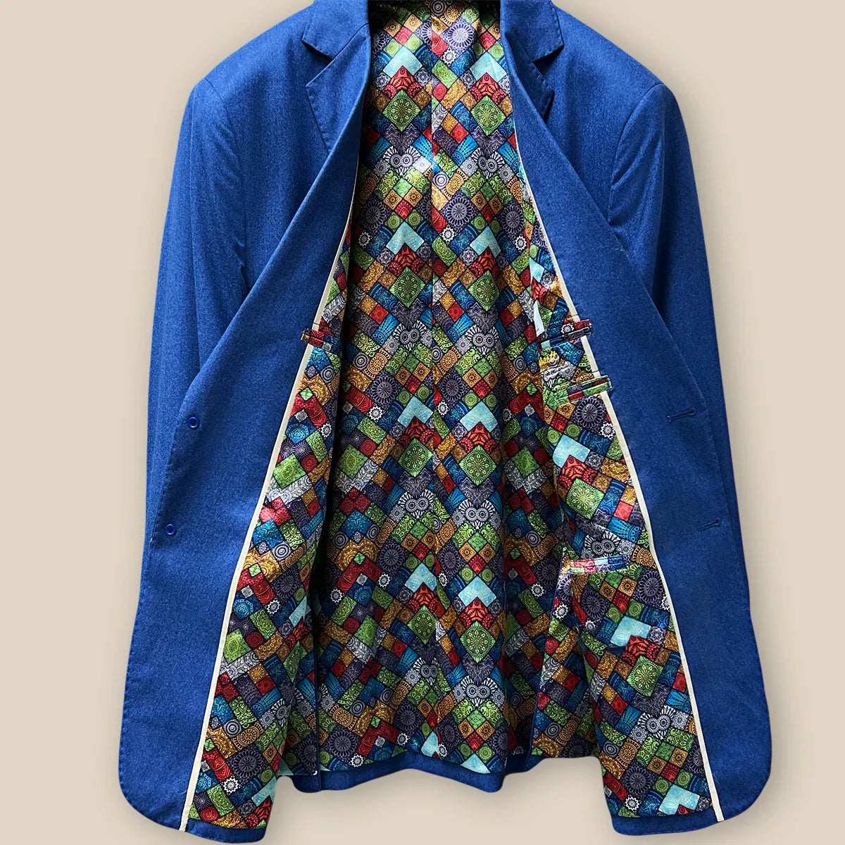 Interior view of a light blue flannel men's sportcoat.