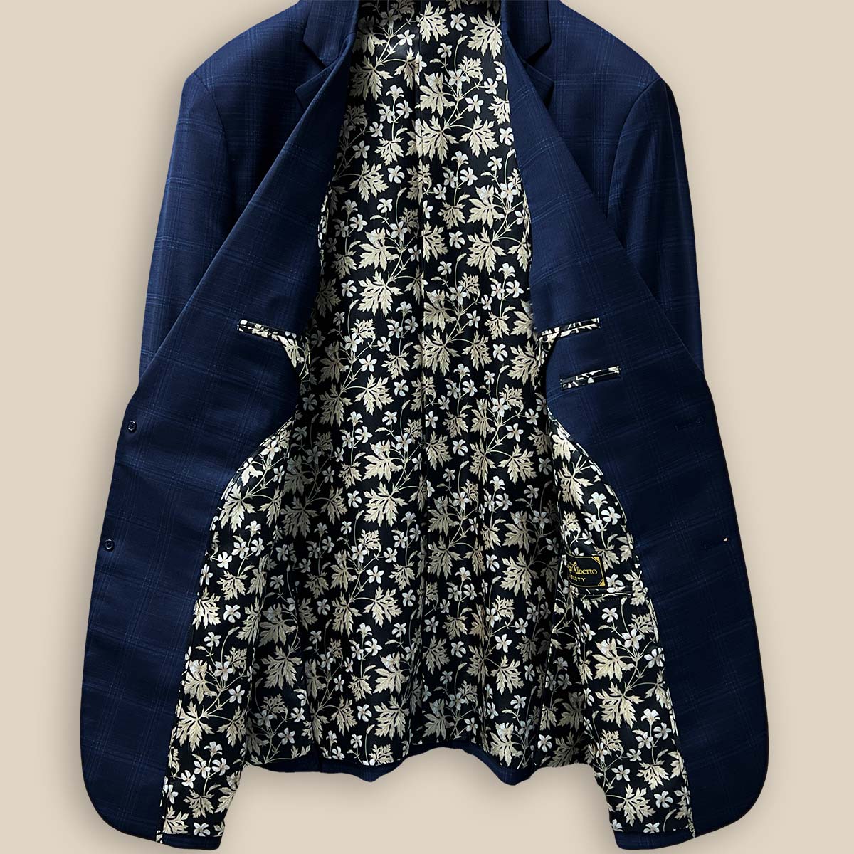 Interior right view showcasing the meticulous craftsmanship of a midnight blue windowpane suit.