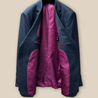 Inside view of a charcoal grey men's suit jacket
