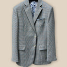 Jacket button panel view in fabric made in Biella, Italy for suit jackets.