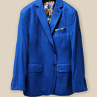 Front button panel of a light blue flannel men's suit.