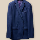 Button panel view of a navy suit with purple pinstripes, displaying the horn marble buttons and meticulous stitching.