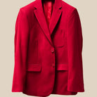 Jacket button panel view revealing the button placement and design on a scarlet red, solid plain color suit.