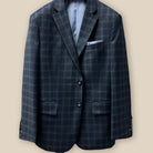 Jacket button panel view feature on Westwood Hart Grey Plaid Windowpane Men's 3pc Suit, Silk Bemberg Sky Blue Lining