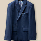 Buttonhole panel view on a gray blue mini grid checks sport coat made of flannel wool, showing off the tailored details.