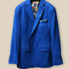 Buttonhole panel view on a light blue flannel suit.