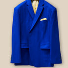 Jacket buttonhole panel on the royal blue pinstripe suit.