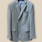 Jacket buttonhole panel view in sky blue windowpane pattern, perfect for stylish men.