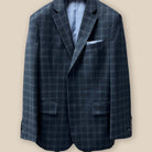 Jacket buttonhole panel view feature on Westwood Hart Grey Plaid Windowpane Men's 3pc Suit, Silk Bemberg Sky Blue Lining