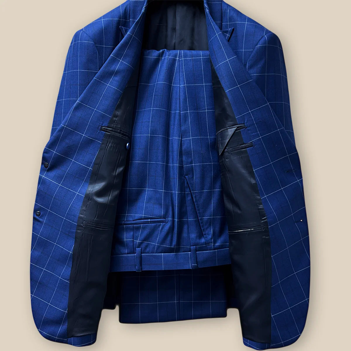 Full view of the navy blue windowpane suit with jacket and pants