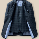 Jacket pants vest 3pc three piece full view feature on Westwood Hart Grey Plaid Windowpane Men's 3pc Suit, Silk Bemberg Sky Blue Lining