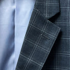 Lapel shape feature on Westwood Hart Grey Plaid Windowpane Men's 3pc Suit, Silk Bemberg Sky Blue Lining