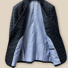 Inside jacket lining feature on Westwood Hart Grey Plaid Windowpane Men's 3pc Suit, Silk Bemberg Sky Blue Lining