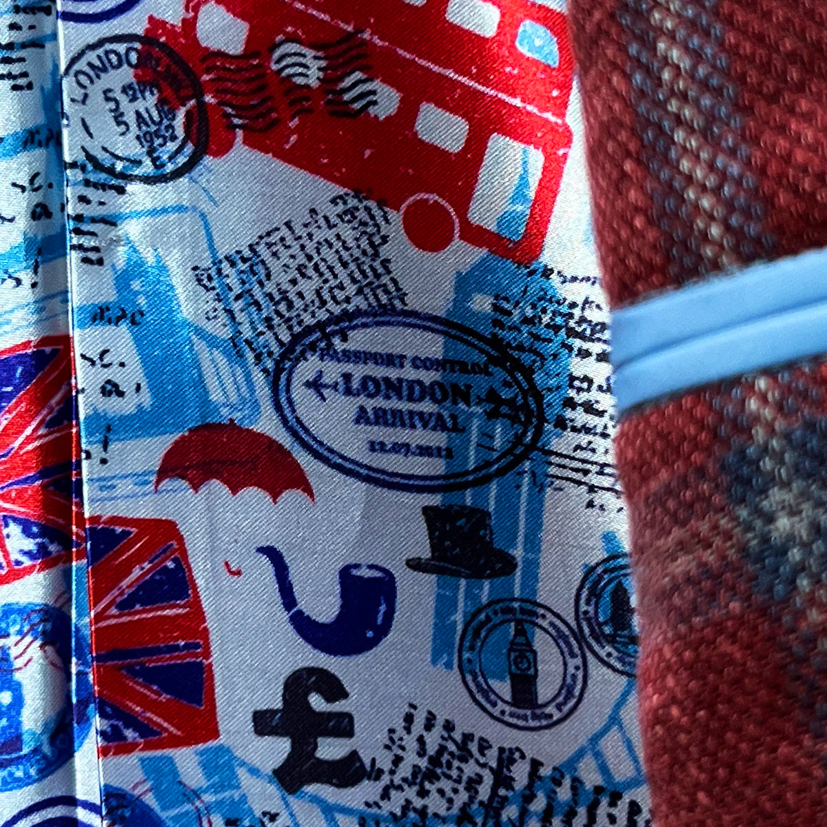 Detail of London travel vacation themed flash lining featuring iconic landmarks