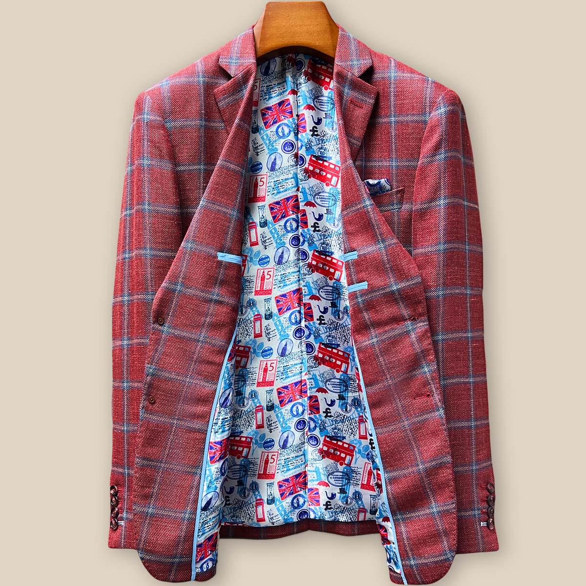 Loro Piana Red with Blue Windowpane Italian Wool Tweed Linen Men's