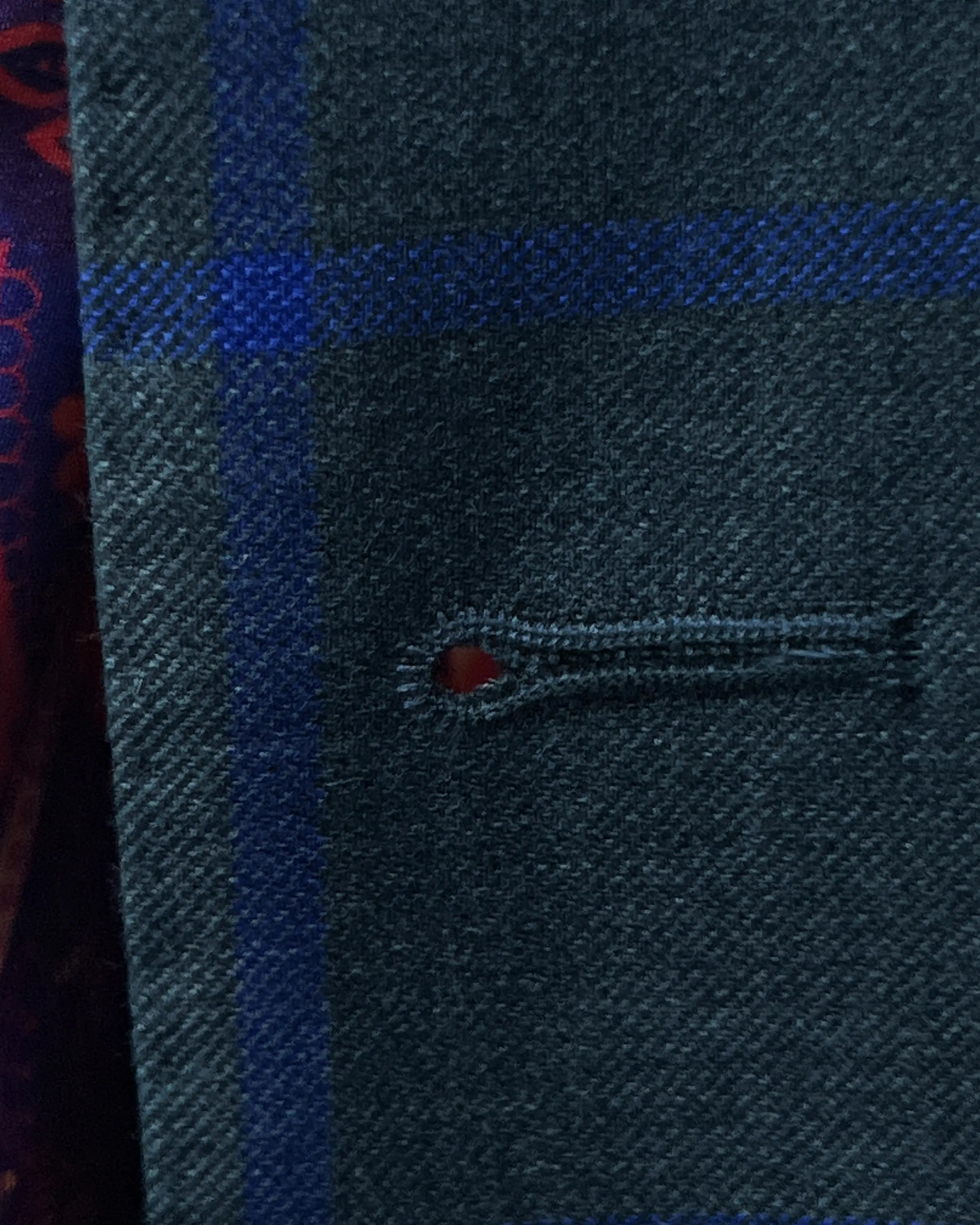 Front buttonhole detail of Deep Teal Green Windowpane men's sport coat showing the main front buttonhole