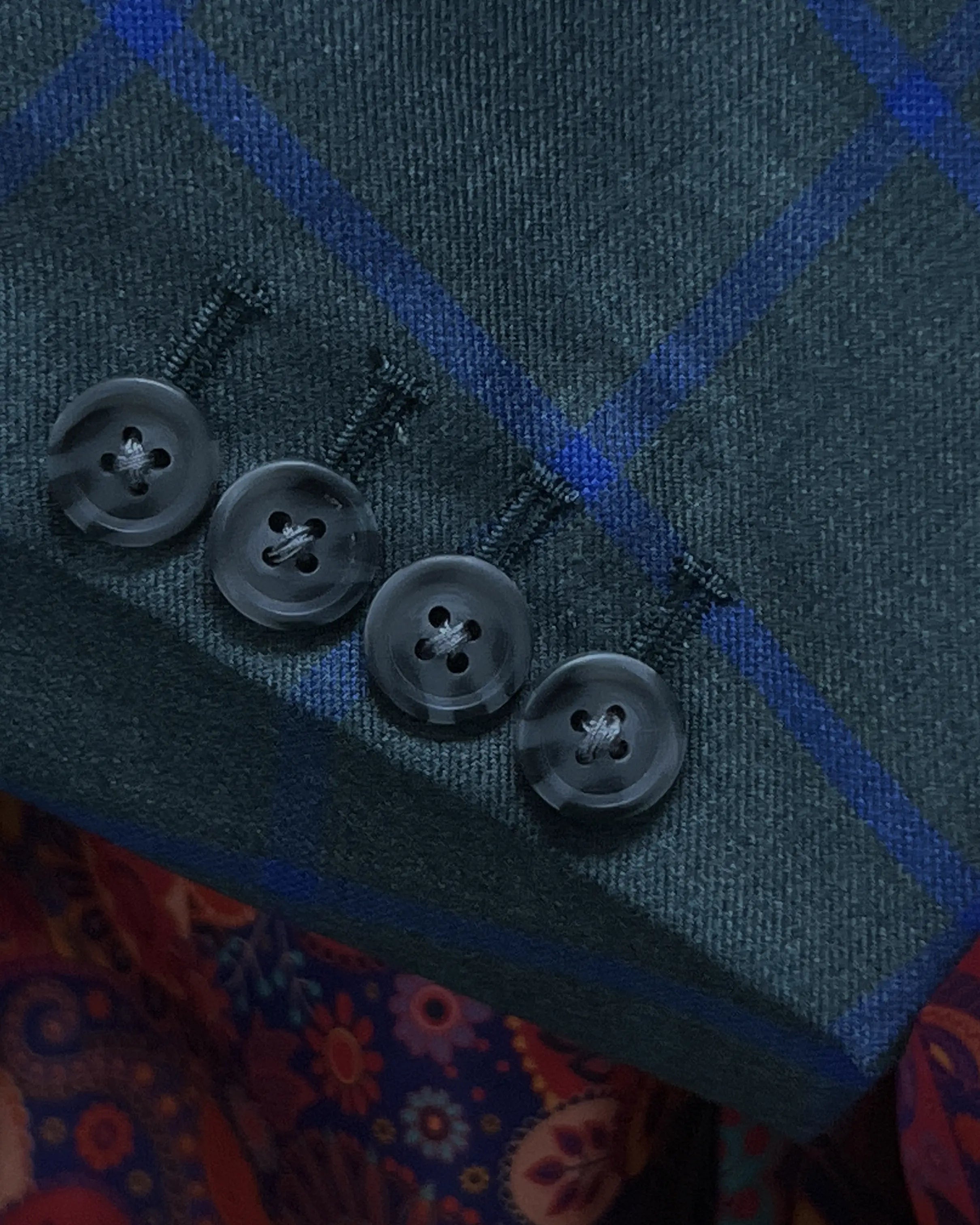 Sleeve cuff detail of Deep Teal Green Windowpane men's sport coat showing the functional sleeve buttons