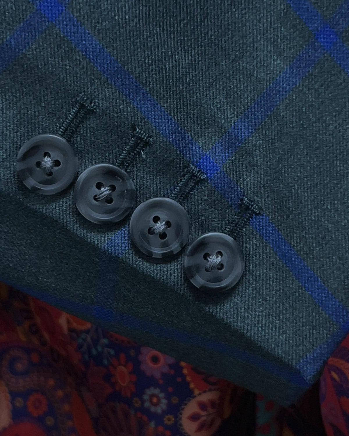 Sleeve cuff detail of Deep Teal Green Windowpane men's sport coat showing the functional sleeve buttons