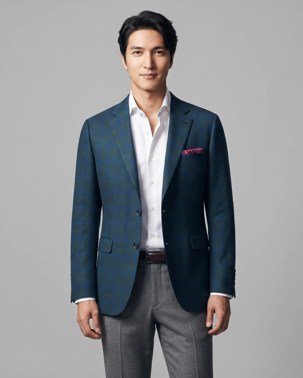 Front model view of Deep Teal Green Windowpane men's sport coat showing the straight on editorial look and full front styling