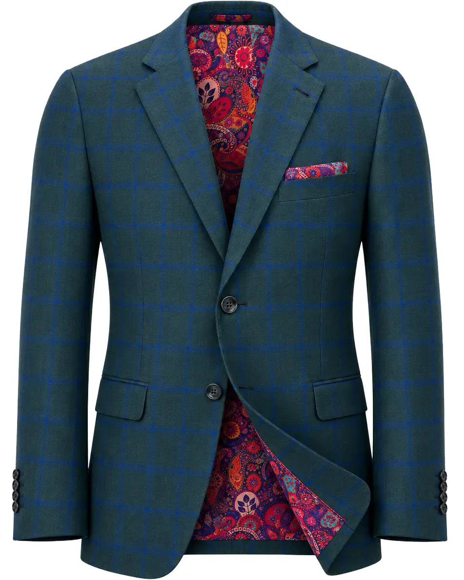 Ghost mannequin view of Deep Teal Green Windowpane men's sport coat showing the full jacket front and construction details