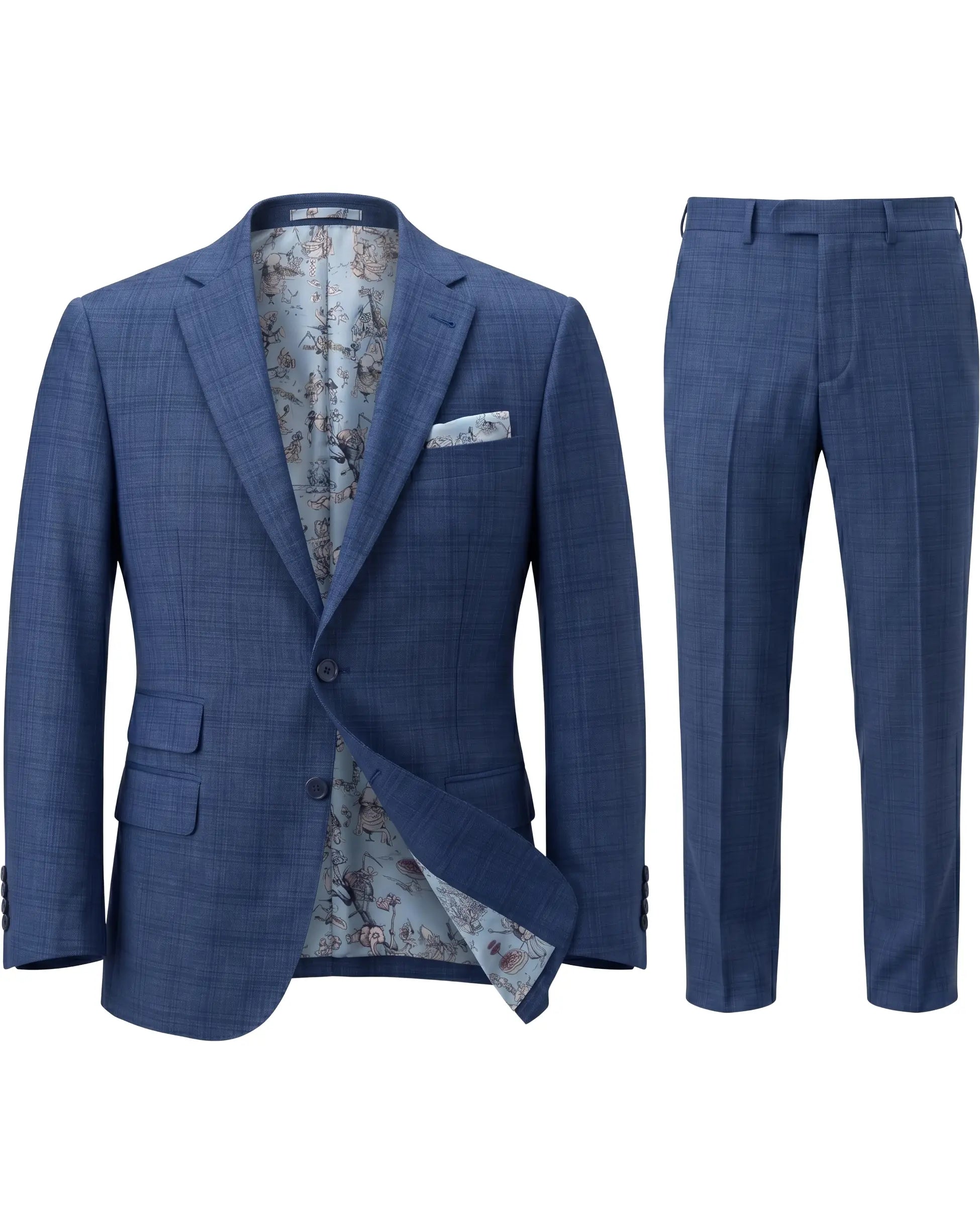 Full suit layout of blue windowpane check men's suit showing jacket and trousers