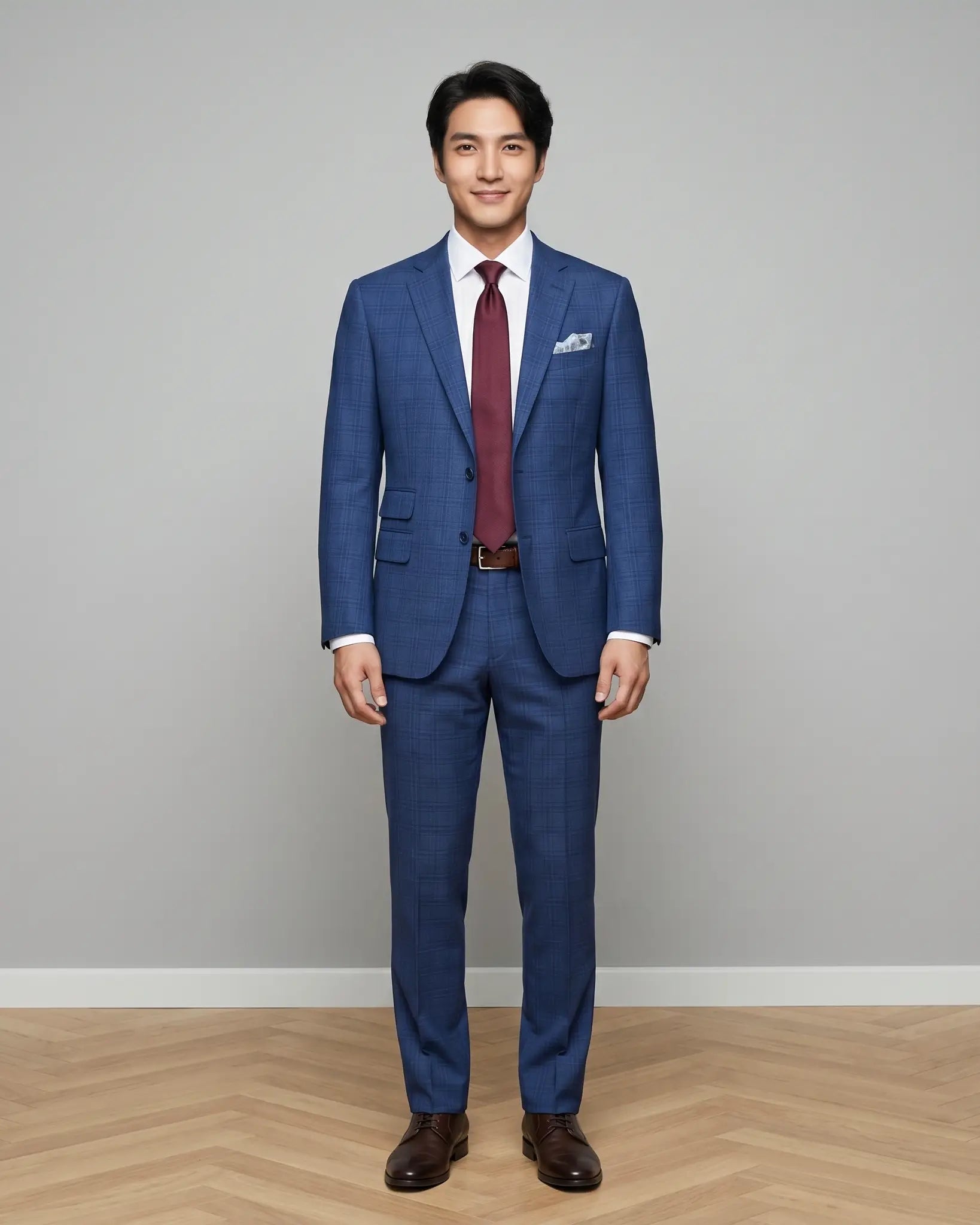 Front model view of blue windowpane check men's suit showing full outfit