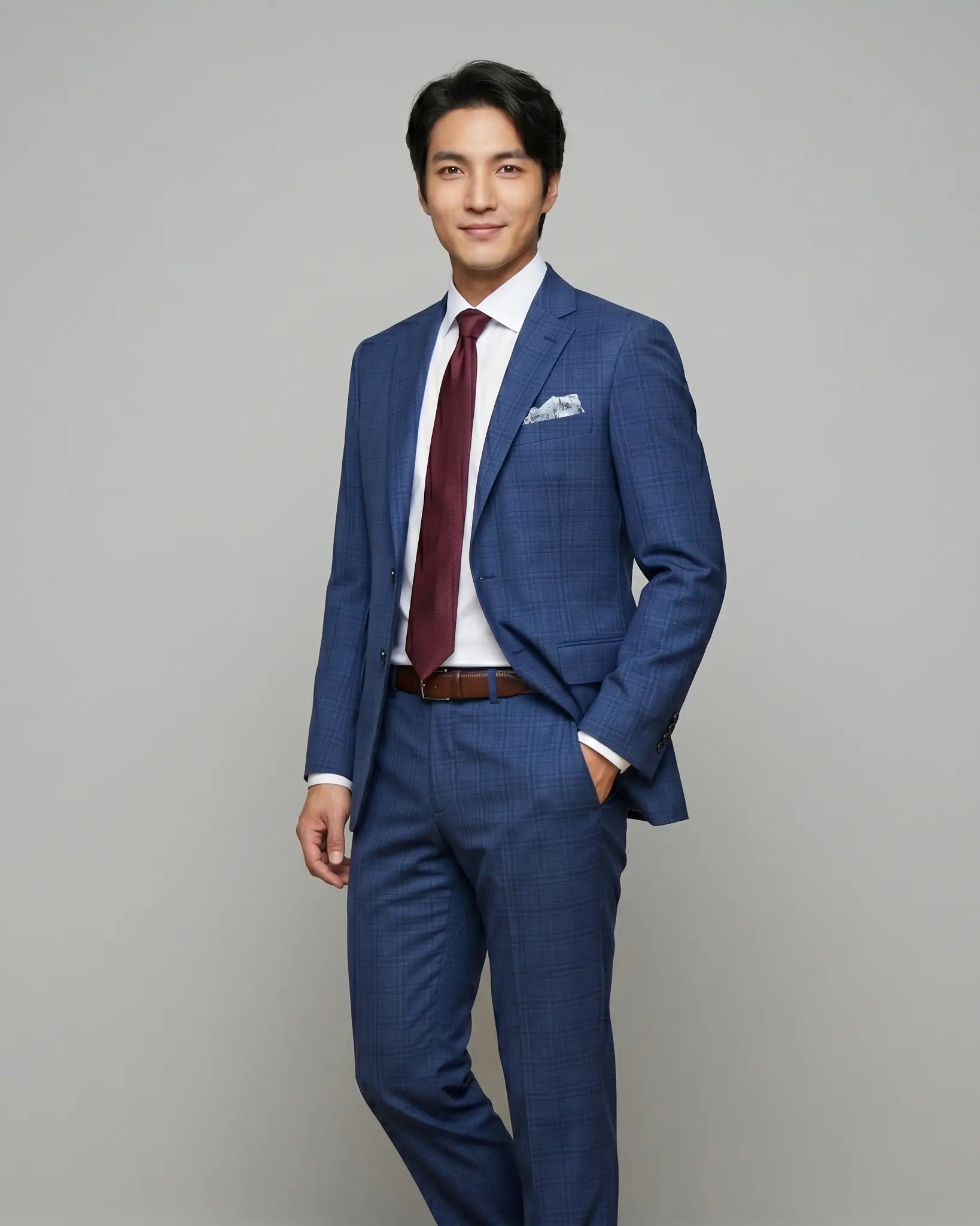 Side view model image of blue windowpane check men's suit showing angled jacket fit