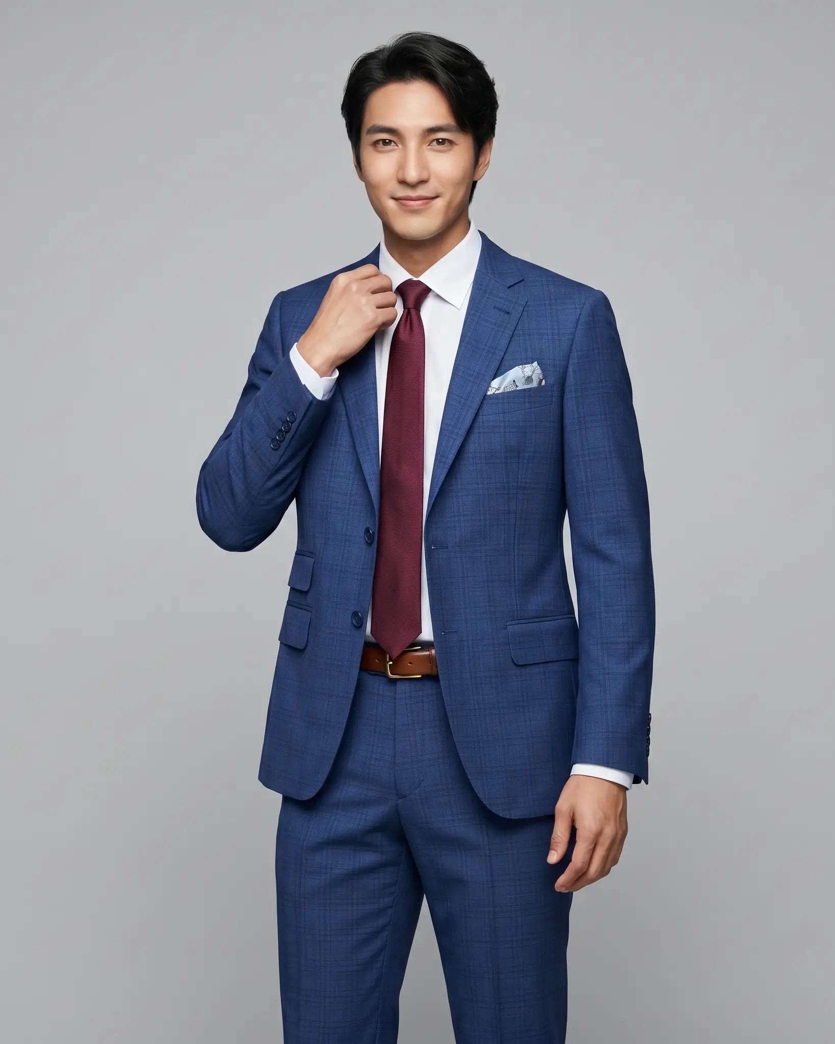 Three quarter model view of blue windowpane check men's suit showing jacket silhouette and natural lining glimpse