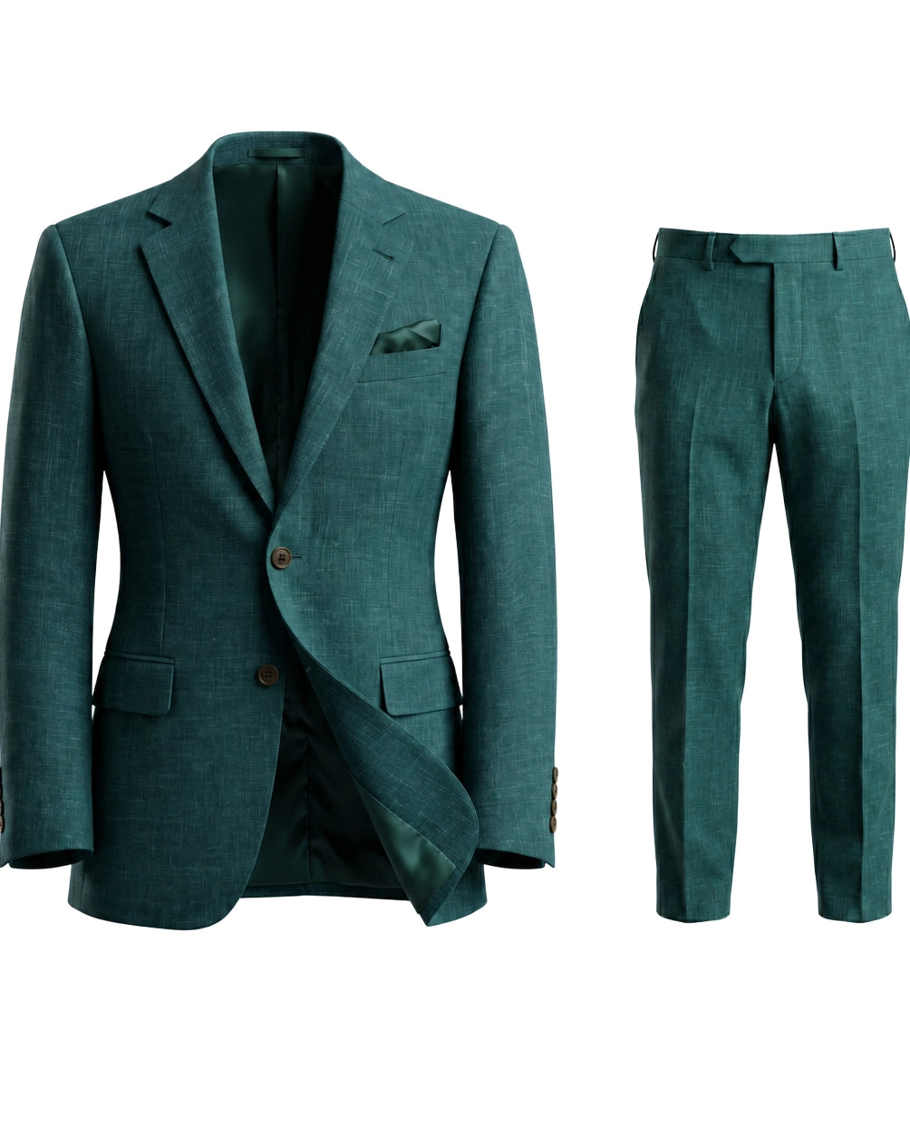 Full suit ghost mannequin image of deep green solid men's suit showing jacket and matching trousers together