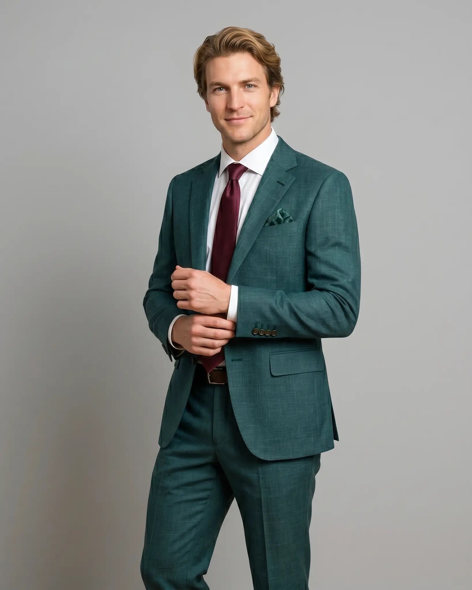 Side view editorial model image of deep green solid men's suit showing three quarter crop, jacket shape, lapel roll, and tailored fit