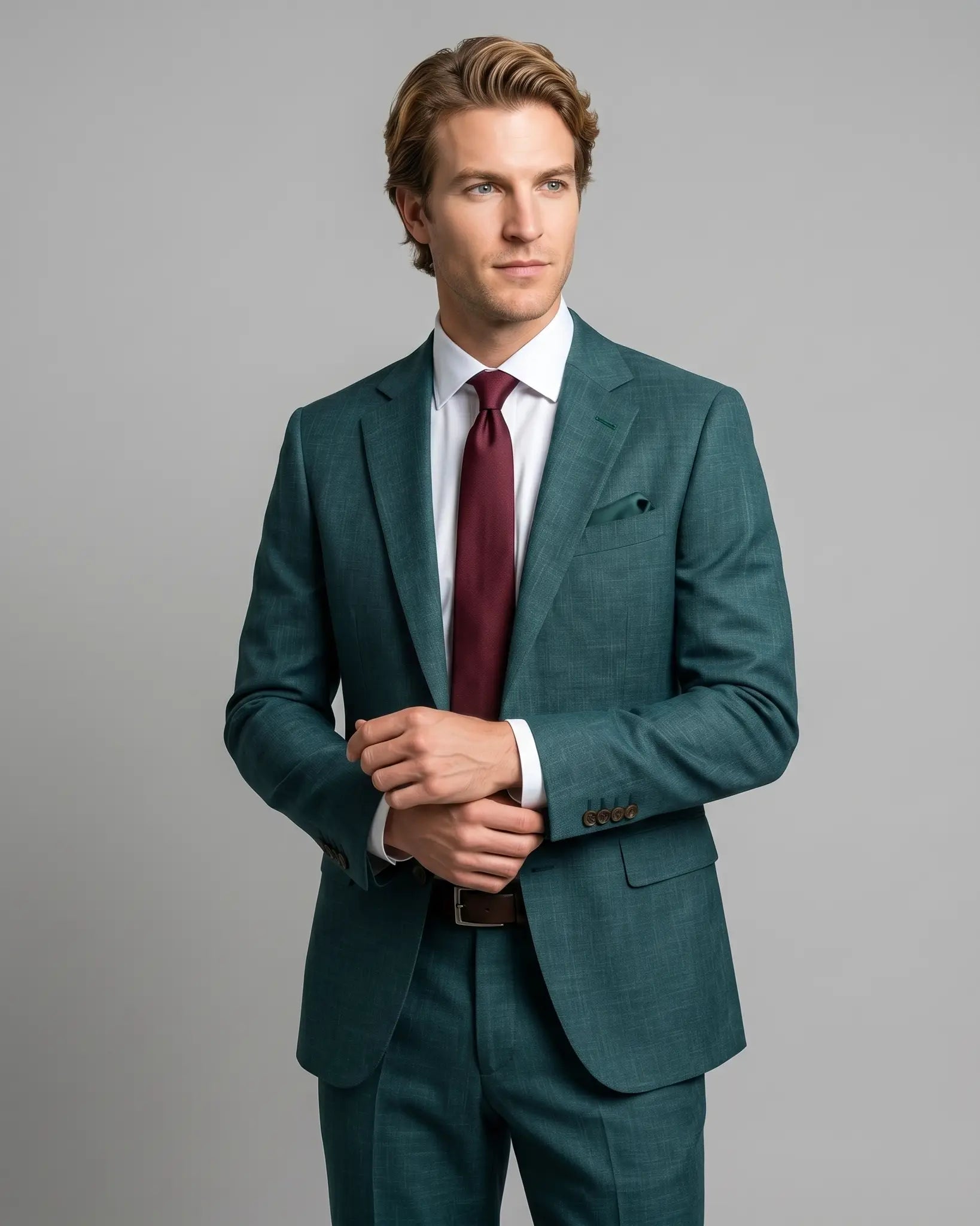 Side view editorial model image of deep green solid men's suit showing mid thigh crop, natural lining glimpse, lapel shape, and sleeve button details