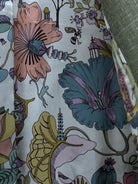 Interior lining of sage green plain men's suit showing botanical chinoiserie illustration print lining