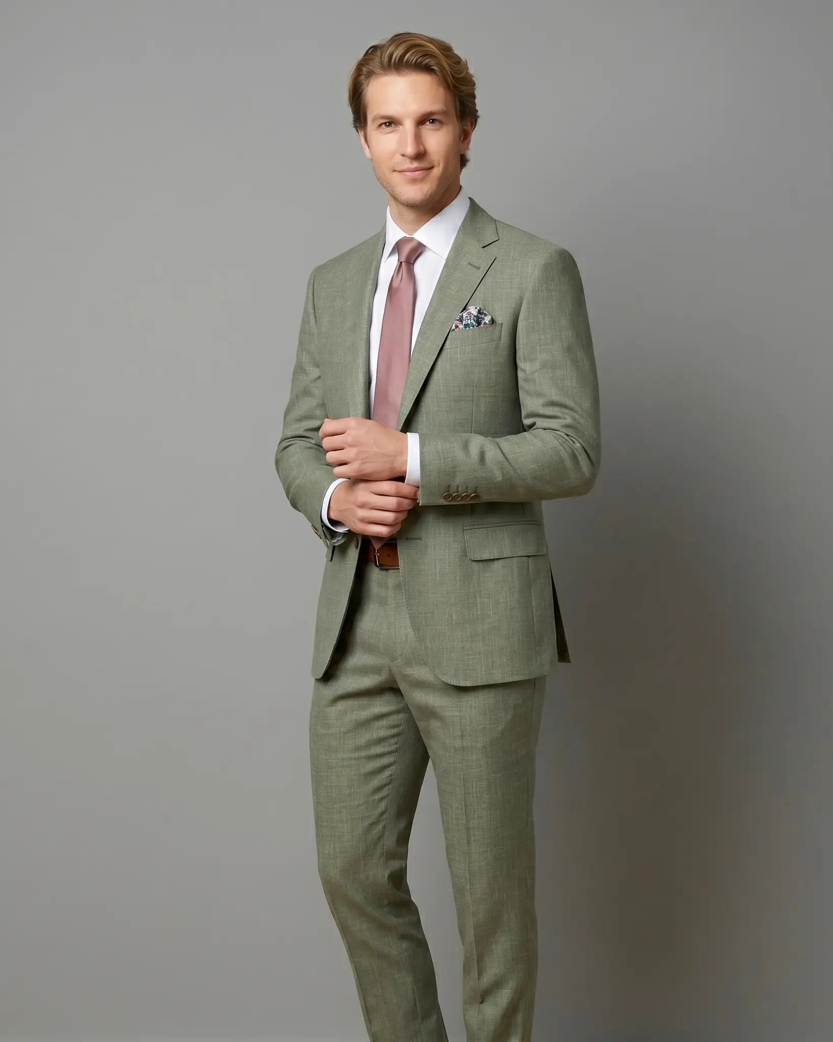 Mid-thigh editorial view of sage green plain men's suit showing lining glimpse and lapel detail