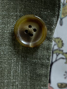Close-up of olive khaki horn buttons on sage green plain men's suit