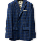 Tailor-made dark blue and brown plaid suit in 100% Australian Merino wool by Westwood Hart.
