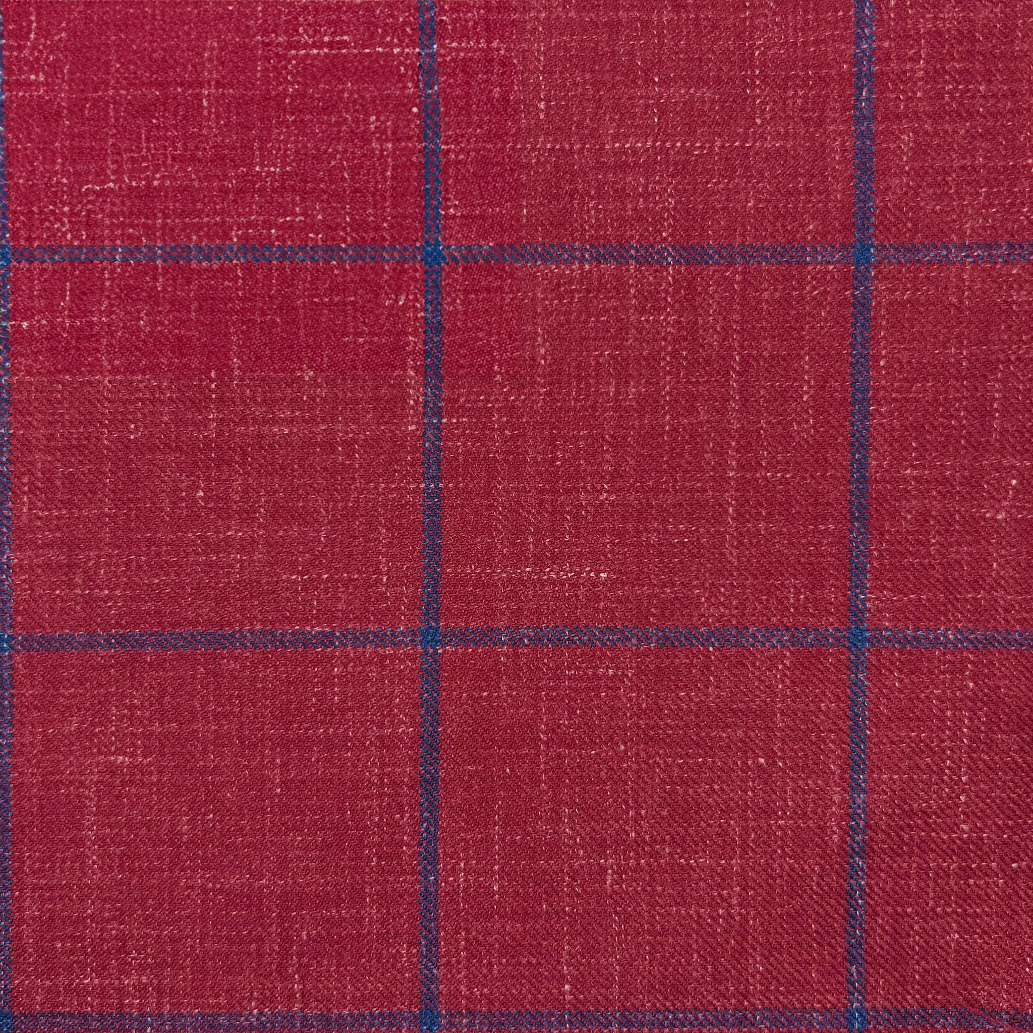 Men's modern suit styles, highlighting the rust maroon sportcoat with blue windowpane.