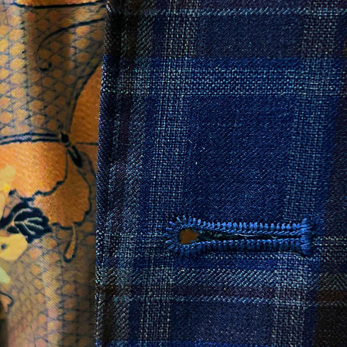 A dark blue and brown plaid suit by Westwood Hart, an alternative for "men wearhouse near me" searchers.