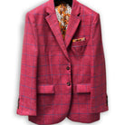 GQ inspired stylish suit for a chic date night, featuring rust maroon with blue windowpane.