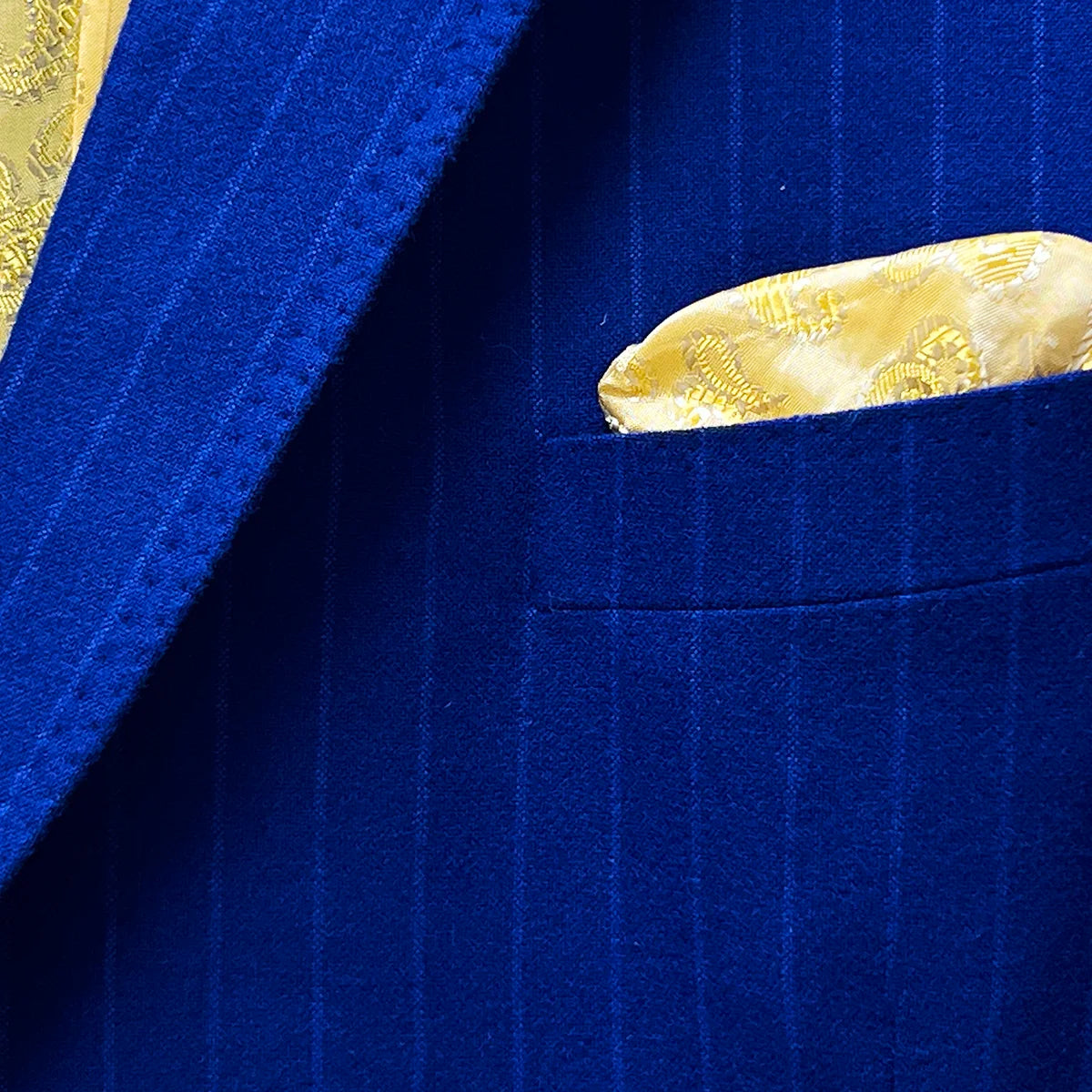 Pocket square option for the royal blue pinstripe suit.