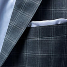 Pocket square feature on Westwood Hart Grey Plaid Windowpane Men's 3pc Suit, Silk Bemberg Sky Blue Lining